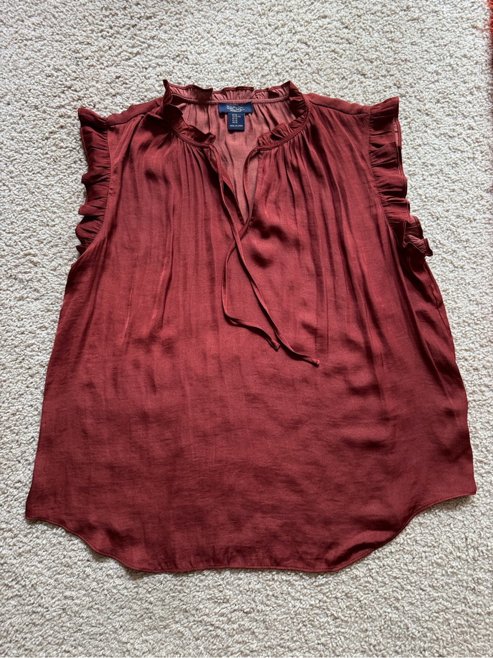 Women's Rust Ruffle Sleeve Tie-Neck Blouse